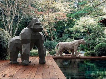 Grandes statues décoratives Origami, Soru (gorille) et Hyou (panthère)